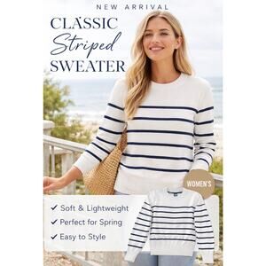 Puma Women's Striped Crewneck Sweater White Navy Golf Lightweight Size L